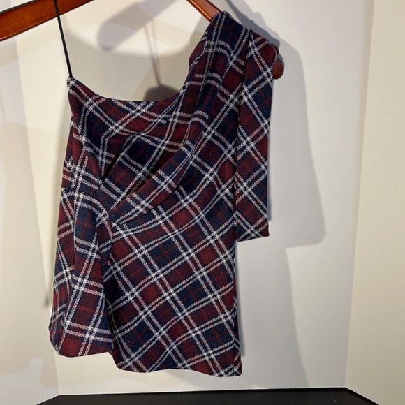 NWOT Eva Franco Daphne One Shoulder Plaid Glittered Ruched Top Size 2 - Picture 5 of 16